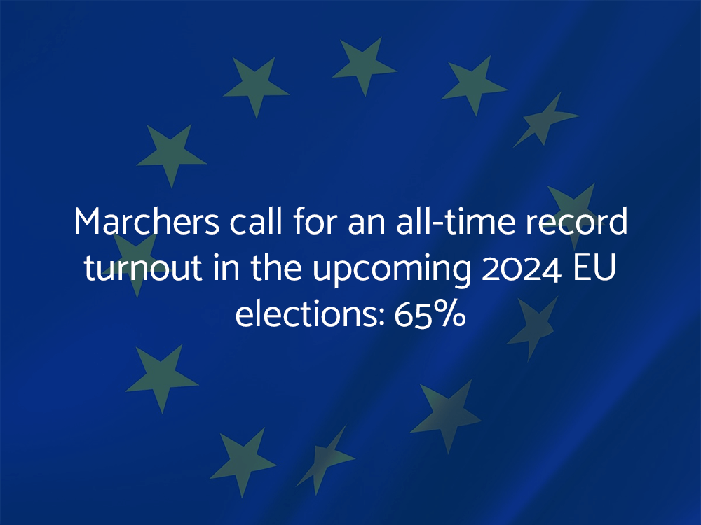 Marchers call for an all-time record turnout in the upcoming 2024 EU elections: 65%